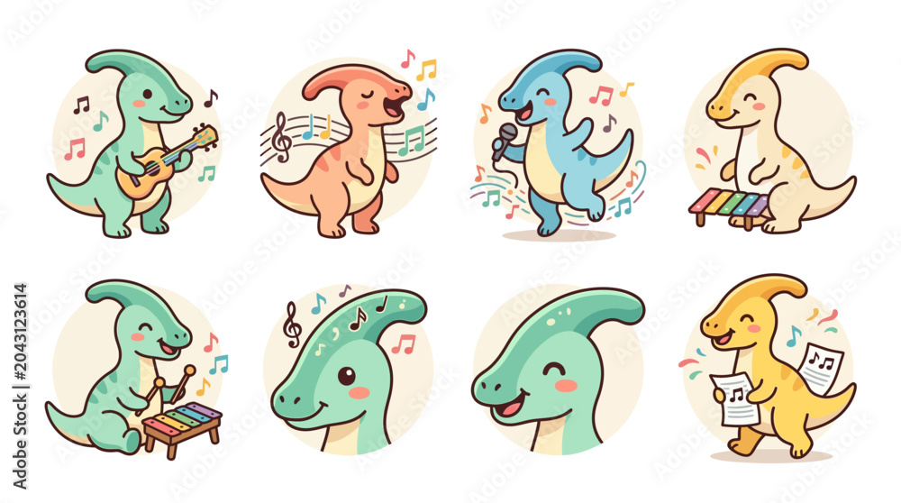 Obraz premium Dinosaur friends play music instruments in a joyful colorful scene