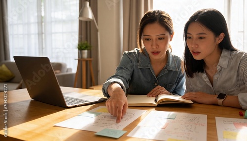 Pointing, two women in denim and striped shirts reviewing notes at living room table with laptop