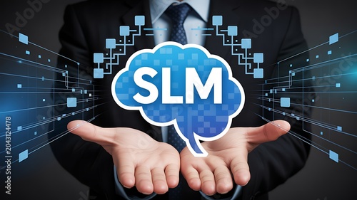 Digital Illustration of a Brain with the Acronym SLM in a Futuristic Network of Circuits