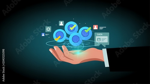 Digital Illustration of a Hand Holding a Network of Connected Circles with Checkmarks