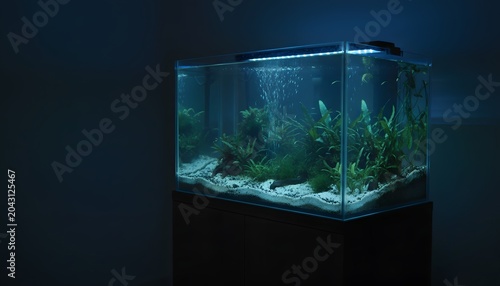 Modern freshwater aquascaped aquarium illuminated by blue LED light resembling moonlight in a dark room for home decor and relaxation concept
