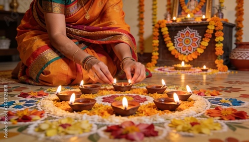 Lighting woman in orange saree kneeling at home puja corner, arranging clay diyas on rangoli