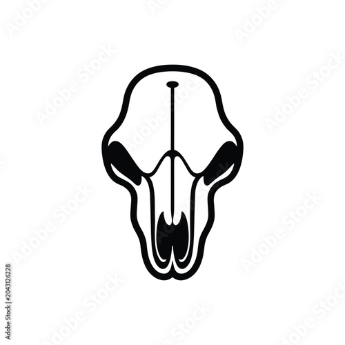 Black and white skull illustration with bold lines and minimalist style