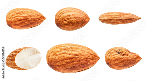 Konstfotografi Closeup of several raw almonds, including whole and cracked, presented on a transparent background for easy integration