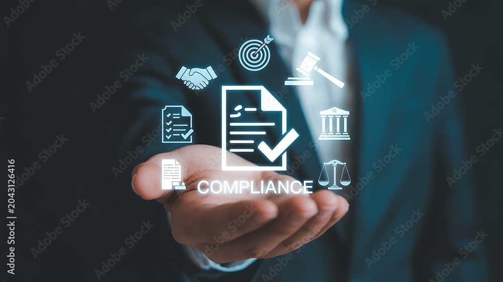 © MOST - Achieve regulatory compliance with a digital interface showcasing a checklist, target, and legal gavel to ensure business standards
