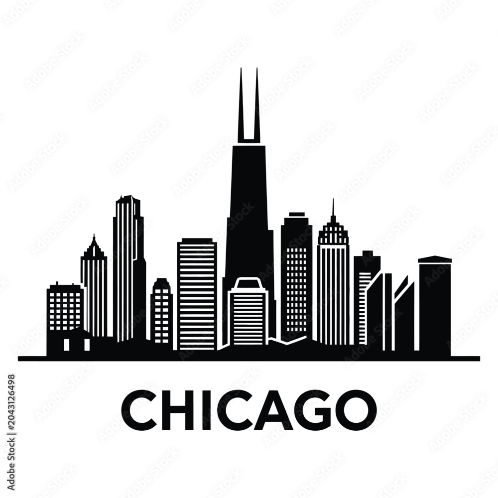Fototapeta premium Chicago city skyline illustration in black and white colors