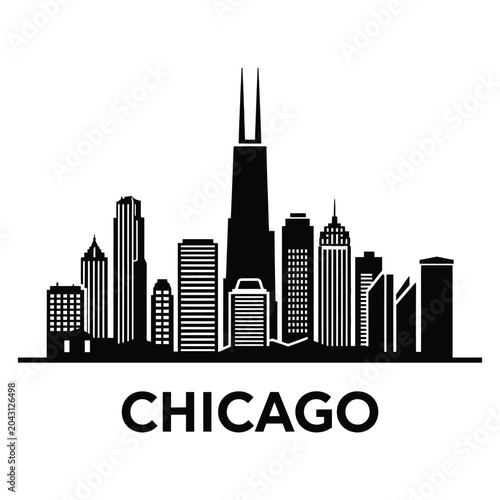 Chicago city skyline illustration in black and white colors
