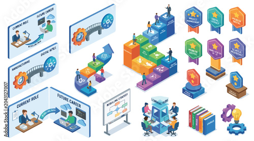Isometric Career Growth and Professional Development Illustration Set for Business Success.
