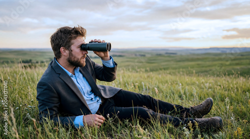 Businessman Observing Through Binoculars in a Grass Field