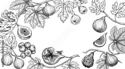 Cuadro en lienzo Vintage botanical fig illustration frame, hand drawn black and white fruit sketc