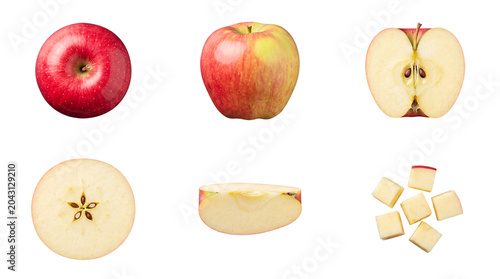 Variety of fresh apples in different forms, including whole, halved, sliced, and diced pieces.