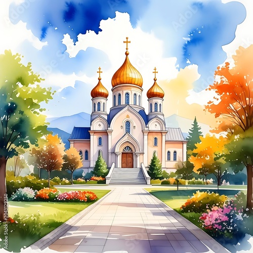 A serene landscape painting of a church with golden domes