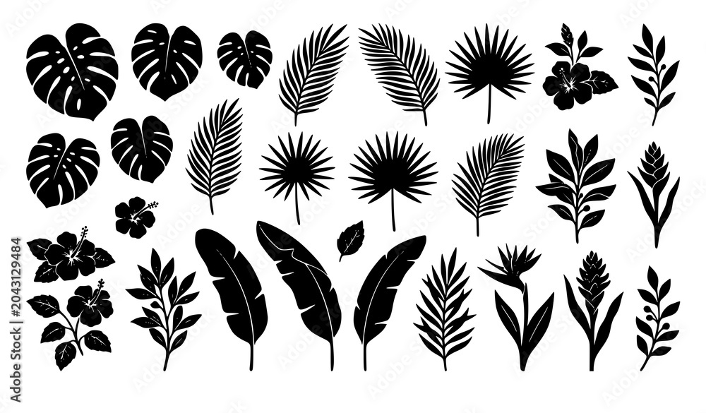 Fototapeta premium Decorative tropical foliage silhouette vector set with leaves flowers and branches