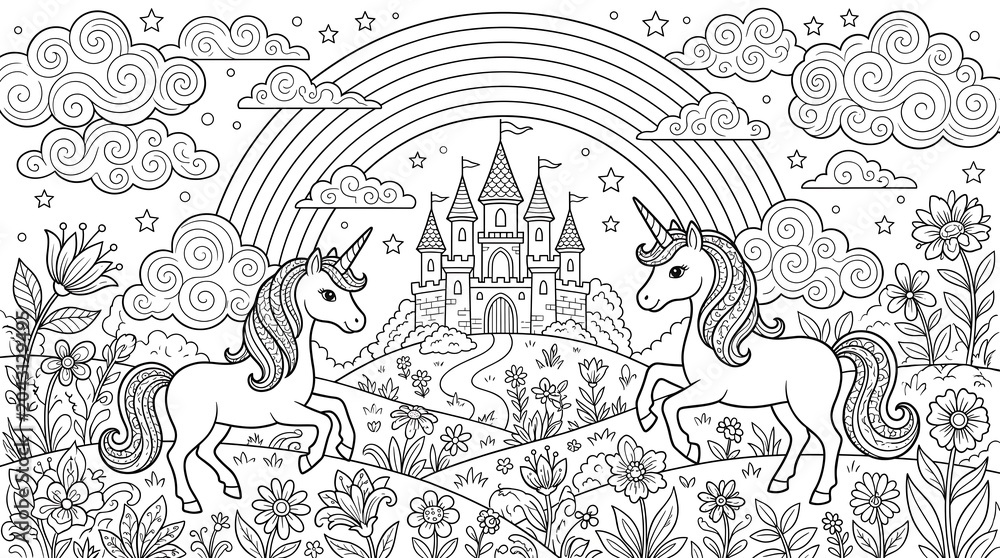 Fototapeta premium Two magical unicorns standing in a flowery meadow near a beautiful fairy tale castle arching rainbow
