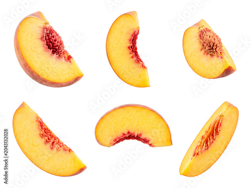 Collection of fresh ripe peach slices, showcasing vibrant color and juicy texture, isolated on transparent background.