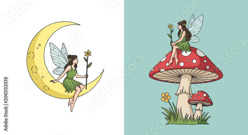 Schilderij op canvas Fairy sitting on a mushroom.
