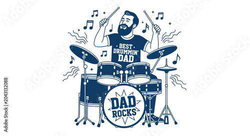 Schilderij op canvas Man Playing Drums Wearing Best Dad T Shirt.