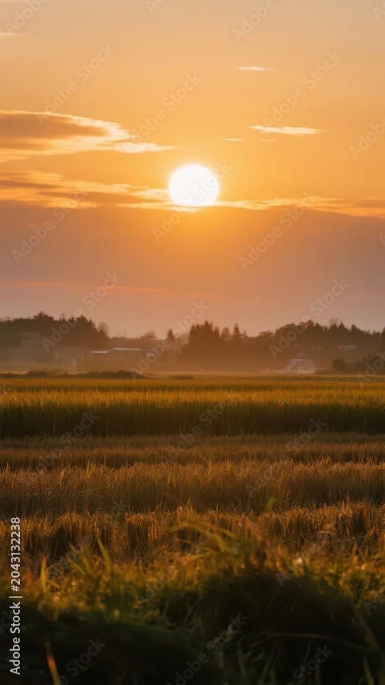Fototapeta premium Setting sun gilds boundless rice fields with golden waves rolling toward hazy woods, pastoral natural material for autumn harvest and autumnal equinox.