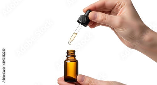 Hand holding dropper bottle with essential oil drop isolated on white