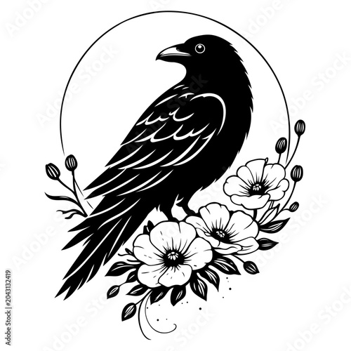 Rabe mit Blumen und botanischem Rahmen als mystische Vektor Illustration