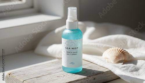 Sea mist beach hair salt spray bottle standing on weathered wood with seashell under natural sunlight for organic summer beauty cosmetics product concept