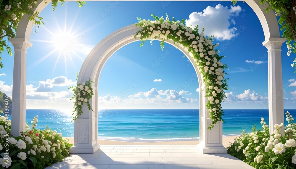 Fototapeta premium summer photography backdrop of a white flower archway with coastal beach landscape background