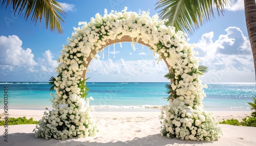 summer photography backdrop of a white flower archway with coastal beach landscape background 