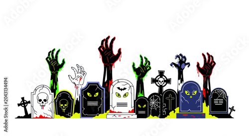 Tableau sur toile Cartoon zombie hands and tombstones rising.