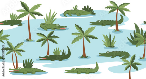 Fun seamless pattern illustration featuring many green crocodiles swimming in a blue river among tropical palm trees and aquatic plants.