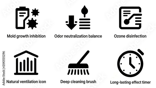 Mold suppressant bottles, neutralizing drops, and cleaning brushes represent deep cleaning and long-lasting disinfection, suitable for household cleaning and disinfection tools.
