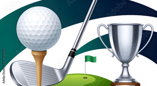 Golf equipment including a ball on a tee, a club, and a silver trophy cup represent sporting achievement.