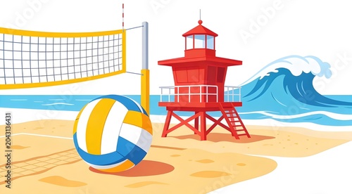 Volleyball sits near a tall lifeguard tower on a sandy beach while a large ocean wave crashes in the background.