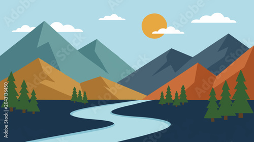 Cuadro en lienzo Minimalist flat design mountain landscape with winding river and pine trees