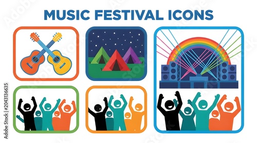 Music festival icons display acoustic guitars, camping tents, and crowds cheering under a rainbow stage light show.
