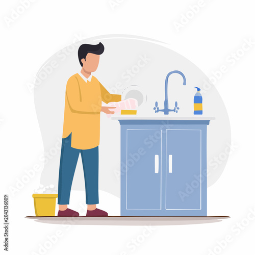 Man Washing Dishes at Kitchen Sink