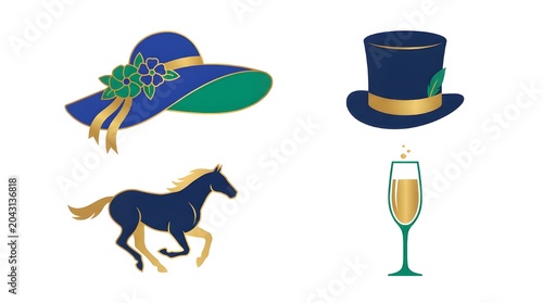 Derby day elements include a wide-brimmed floral hat, a formal top hat, a galloping horse, and a glass of champagne.