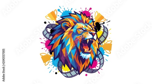 Lion head rendered in a vibrant geometric style sits amidst golden trophies and film reels.