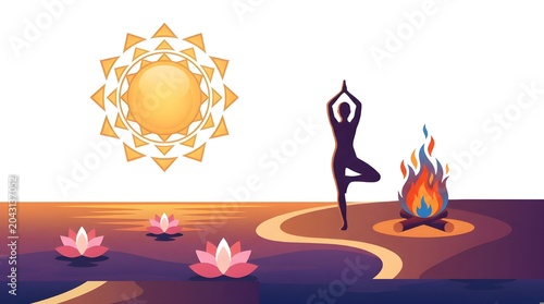 Person practices yoga in a tree pose near a crackling campfire at sunset with blooming lotus flowers.