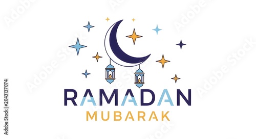 Ramadan Mubarak lettering features a crescent moon and hanging lanterns surrounded by decorative stars.