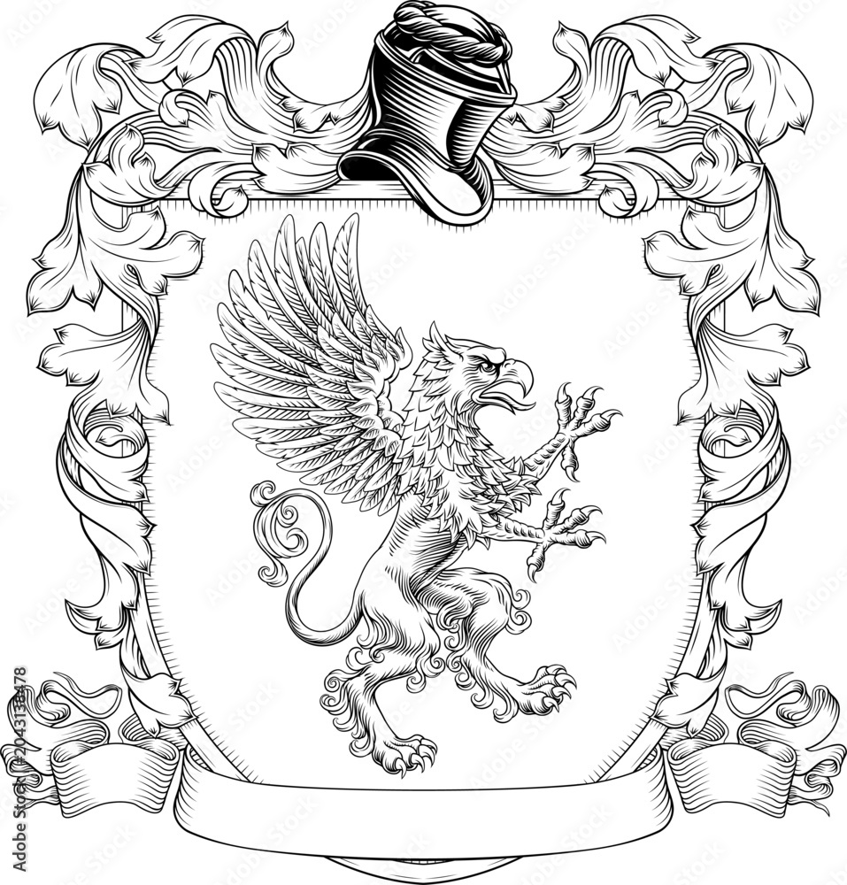 Fototapeta premium A Griffin or Gryphon coat of arms or crest family heraldry medieval heraldic animal knight shield. With helmet and acanthus filigree scroll ornament in a vintage woodcut style.