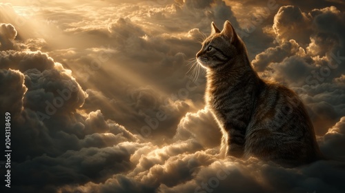 Cat Resting Peacefully Among Heavenly Golden Clouds