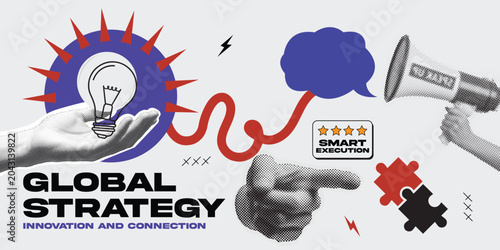 Global strategy business concept with lightbulb and connecting elements in vintage collage style for innovation and growth.