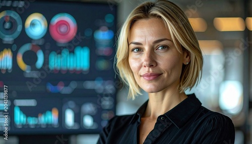 portrait of a blonde woman with short hair wearing a black blouse in a modern office with a large virtual dashboard 