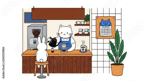 Cat Barista Coffee Shop Illustration