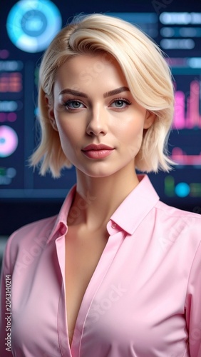 portrait of a blondee woman with short hair wearing a pink blouse in a modern office with a large virtual dashboard 