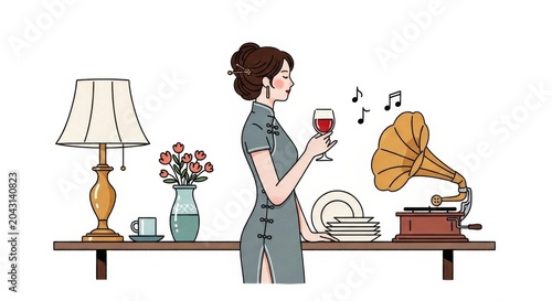 Vintage Chinese Woman with Gramophone Illustration