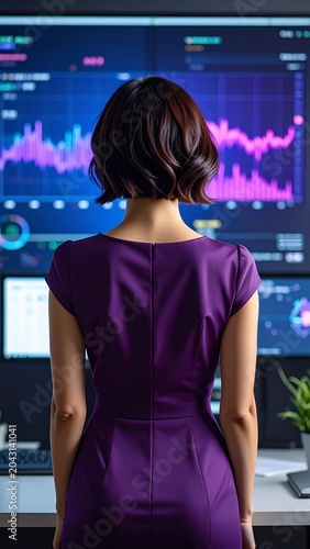 portrait of a brunette woman with short hair wearing a dark purple summer dress in a modern office with a large virtual dashboard, back view