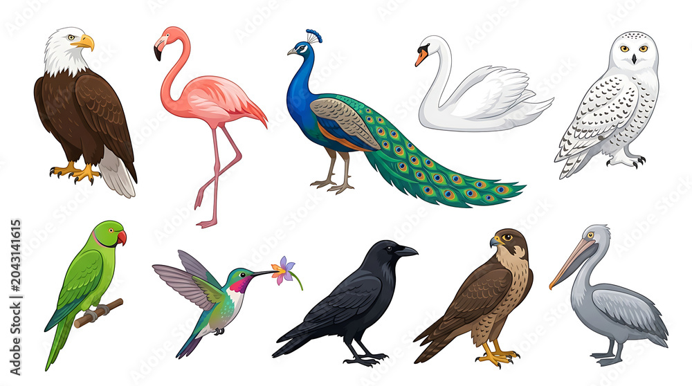 Fototapeta premium Realistic colored bird icon collection featuring elegant wildlife illustrations isolated on white background for creative and educational use.