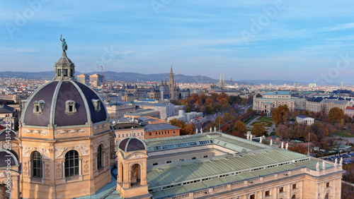 4K aerial drone image of Vienna, Austria. Beautiful autumn cityscape skyline featuring historic museum architecture and the distant Rathaus.