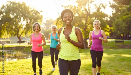 group of women running in park on a sunny day smiling 